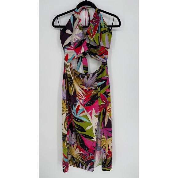Zara Dresses & Skirts - ZARA SATIN TROPICAL PRINT CUT‎ OUT FRONT HALTER MIDI DRESS LARGE